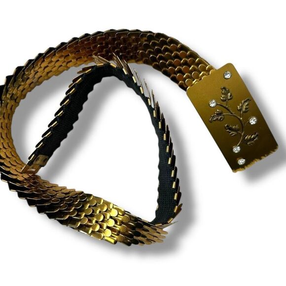 Vintage Gold Metallic Stretch Statement Belt Rhinestone Leaf Buckle Retro Glam - Picture 1 of 5